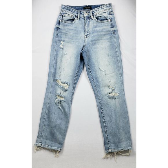 Judy Blue Medium Wash High Waist Distressed Star Straight Leg Jeans